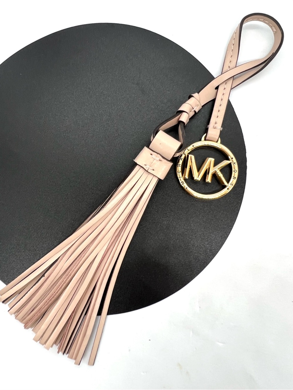 Michael Kors Blush Pink Leather Tassel Gold MK Logo Bag Charm Fob